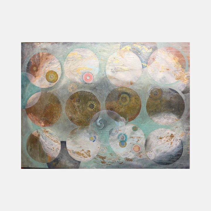 The artwork 'Light Side Of The Moon' features ethereal circular forms floating in a dreamy aqua and gray atmosphere. Abstract spheres in muted golds, whites, and browns create a celestial pattern, with delicate spiral details and textural elements throughout the oil painting. Subtle pink and yellow accents add warmth to the otherworldly 36x48 composition by Lisa Ingram.