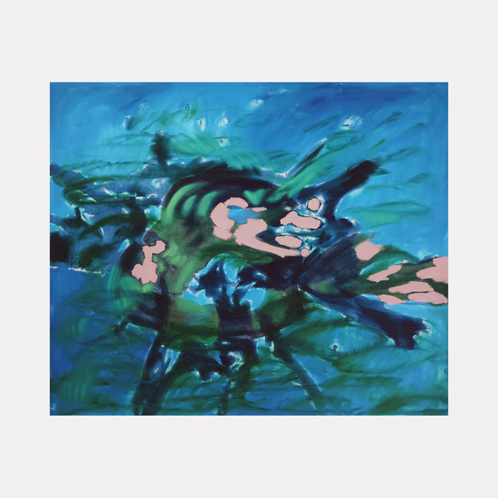 Lily & Friends: Look Inside and Find Ugly by Lia Rodi features an abstract composition with swirling aquatic blues and deep greens, punctuated by soft peach accents. The flowing forms and layered brushstrokes create a mysterious underwater atmosphere with a contemplative, modern artistic expression.