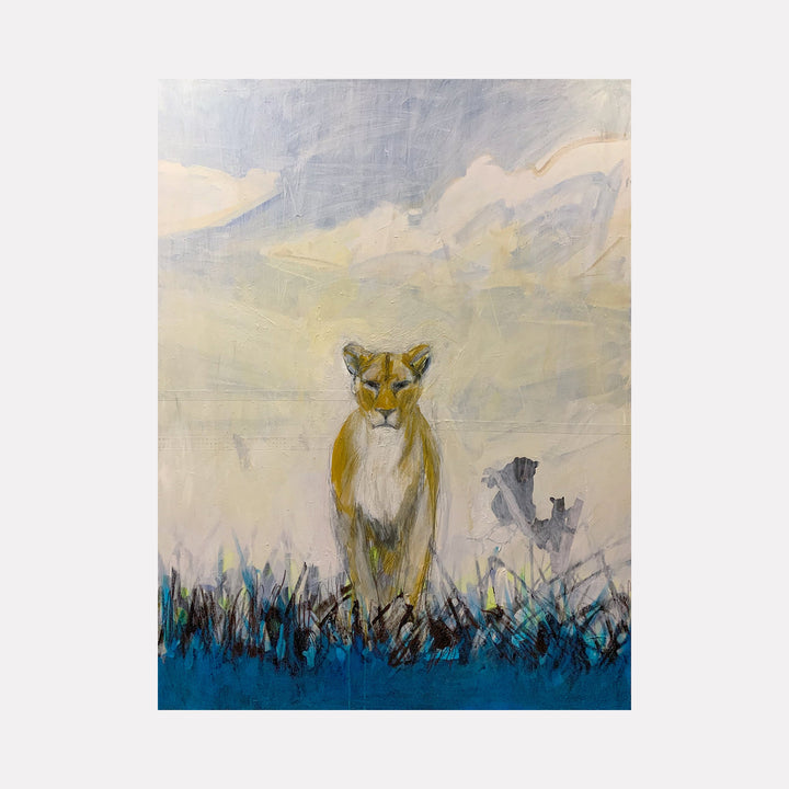The artwork "Lion" by Chris Baily features a solitary lioness rendered in muted earth tones against a soft, hazy background of pale blues and creams. The textured brushstrokes and impressionistic layering evoke a serene yet powerful presence, reminiscent of works by John Singer Sargent and contemporary nature-inspired abstractions.