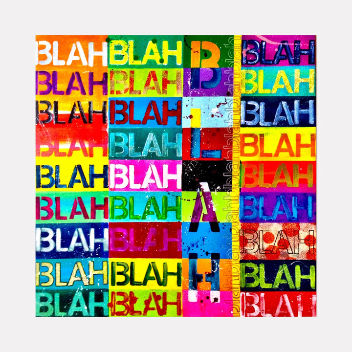 The artwork "Lip Service" by Benna Holden features a vibrant grid of colorful blocks, each containing the repeated word "BLAH" in varying fonts and hues. The style echoes pop art influences reminiscent of Andy Warhol's bold color contrasts and repetition, with a playful, urban street art texture and layered paint effects creating a dynamic and energetic composition.