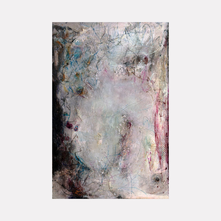 The artwork "Listen to the Child" by Deborah Chaney features a textured abstract composition with layered brushstrokes and scribbled lines in muted tones of gray, blue, and pink. The style evokes the emotive spontaneity of Cy Twombly’s expressive mark-making combined with the subtle atmospheric depth reminiscent of Helen Frankenthaler’s color field painting.