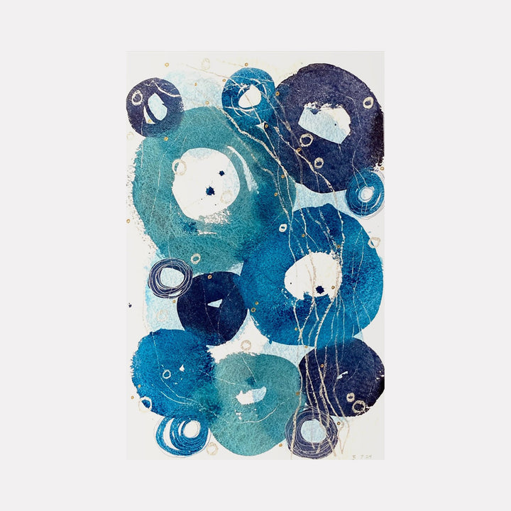 The artwork 'Little Ripples I' by Jocelyn Benford features abstract circular patterns in varying shades of turquoise, navy blue, and white. The watercolor technique creates organic, flowing forms resembling water droplets or bubbles, with delicate linear details connecting the circles. The mixed media composition displays textural elements and translucent layering effects.