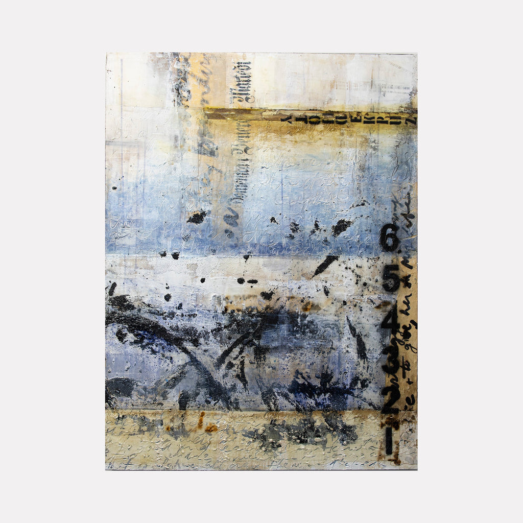 The artwork "Loving What Is II of II" by Deborah Chaney features an abstract composition with layered textures and muted tones of blue, beige, and black. The design incorporates distressed patterns, faded script, and numeric elements reminiscent of Robert Rauschenberg's mixed media works, blending raw textures with subtle gradations in an evocative, contemplative style.