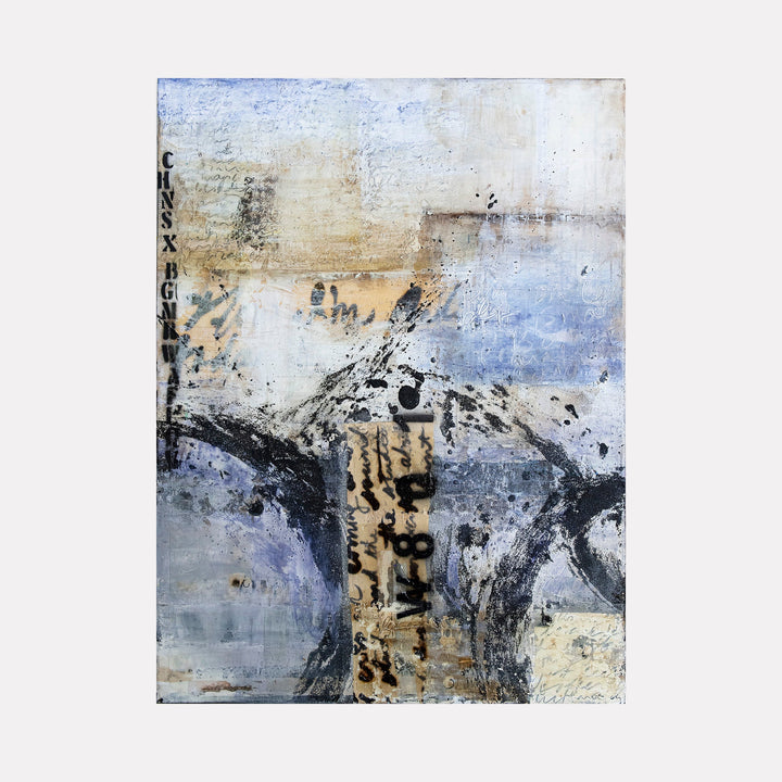 The artwork Loving What Is I of II by Deborah Chaney features an abstract composition with textured layers of blue, beige, and black. It incorporates distressed text and numerals reminiscent of graffiti or vintage print, evoking styles similar to Robert Rauschenberg's mixed media and Cy Twombly's calligraphic marks.