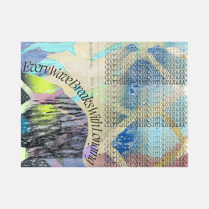 The artwork "Longing" by Francisco Donoso features a layered collage of abstract shapes, textured brush strokes, and soft pastel colors including blues, yellows, and purples. The composition incorporates repeated script text and fluid, wave-like forms reminiscent of contemporary mixed media and surrealism, echoing styles seen in works by Robert Rauschenberg and Joan Miró.