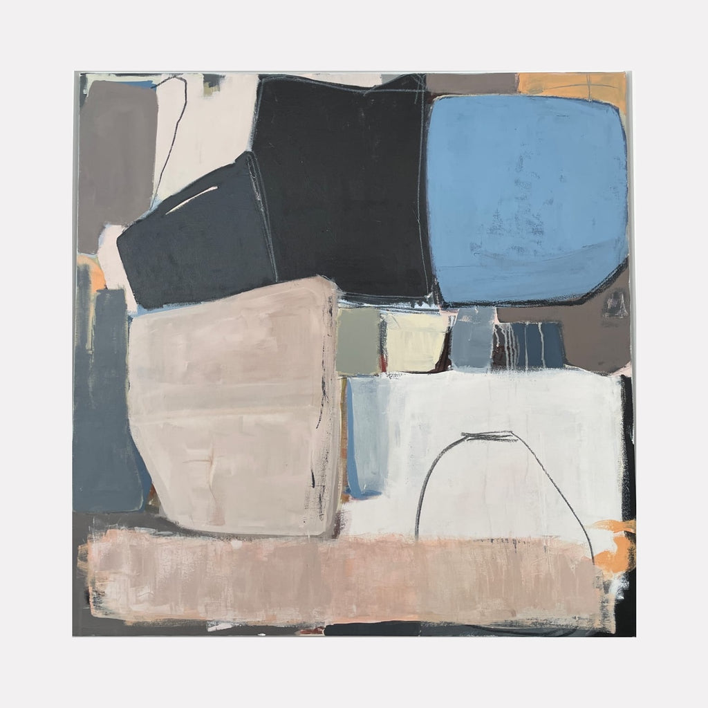 Look Closely by Leslie Thornton presents an abstract arrangement of soft muted tones including beige, gray, and light blue, punctuated with subtle black and orange accents. The composition blends irregular geometric shapes with gentle brushstrokes, evoking a calm, contemplative atmosphere with a modern, understated elegance.