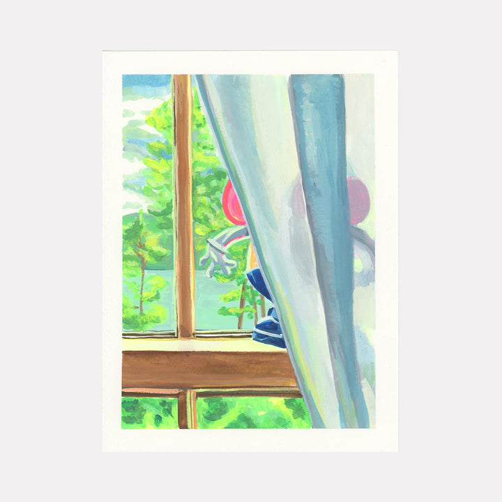 The artwork "Look and See" by Mary Younkin depicts a bright, semi-abstract scene featuring a whimsical figure partially hidden behind a flowing curtain, viewed through a wooden window frame. The vibrant green foliage outside contrasts with the soft blues and pinks, evoking styles reminiscent of Mary Blair and contemporary pop art influences. Mary Younkin