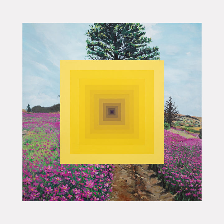 The artwork "Lost In The Field" features a vibrant landscape of blooming purple flowers with a dirt path leading through a field under a blue sky. At the center, a geometric pattern of concentric yellow squares creates a striking contrast against the natural scenery. Created by Adam Anglin.