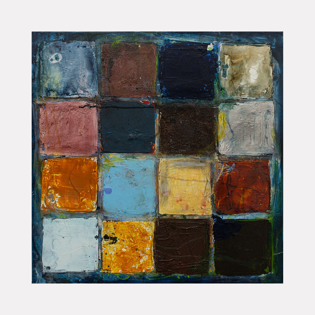 Love This Place IV by Deborah Chaney features a grid of layered abstract squares in rich earthy tones, blues, and dark shades, blending textured forms and subtle color contrasts to evoke a reflective and dynamic mood in contemporary art.