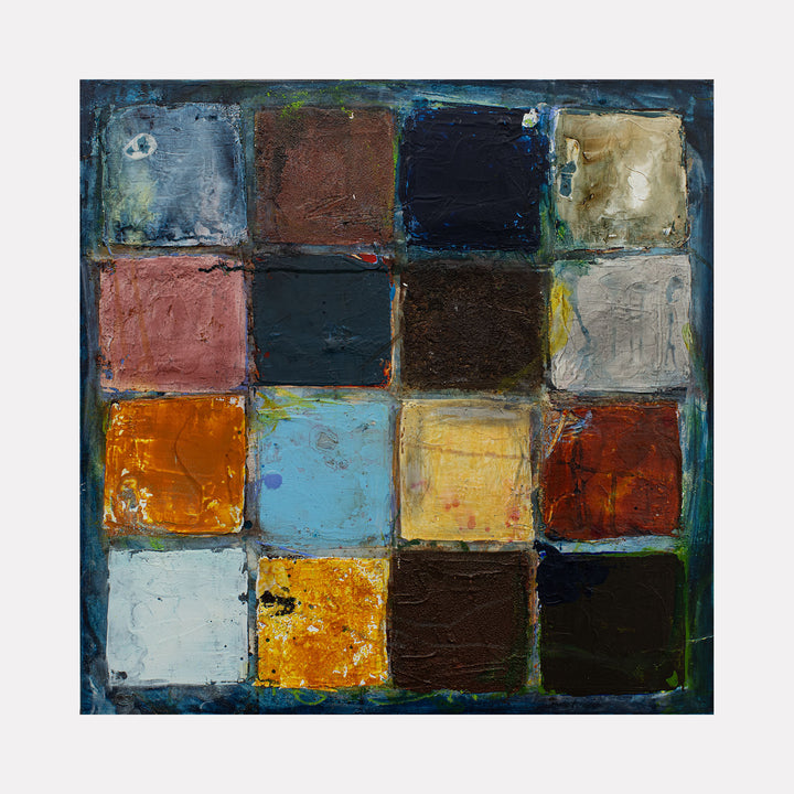 Love This Place IV by Deborah Chaney features a grid of layered abstract squares in rich earthy tones, blues, and dark shades, blending textured forms and subtle color contrasts to evoke a reflective and dynamic mood in contemporary art.