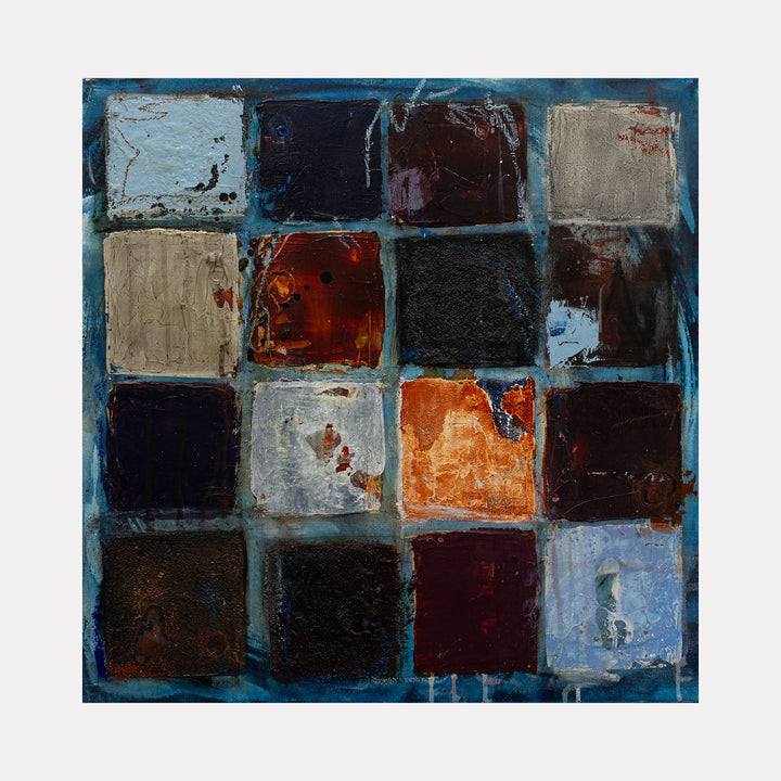 Love This Place I by Deb Chaney features a grid of textured squares in deep blues, warm rusts, and muted neutrals, layered with rich brushstrokes and abstract marks that evoke a tactile, contemporary art piece with an expressive, atmospheric quality.