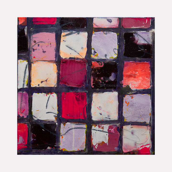 Love is Pure Joy by Deborah Chaney presents a vibrant grid of textured squares in bold reds, soft lavenders, and deep blacks, layered with expressive brushstrokes and subtle patterns to create a lively and dynamic composition in contemporary art.