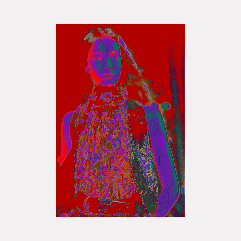 The artwork "MANDARIN" by Harold Herb presents a vivid portrait with intense red, purple, and blue hues that overlay a figure wearing a detailed patterned scarf and modern attire. This mixed media piece combines Pop Art sensibilities with digital manipulation techniques, evoking the vibrancy of Andy Warhol and the experimental use of color by David Hockney.