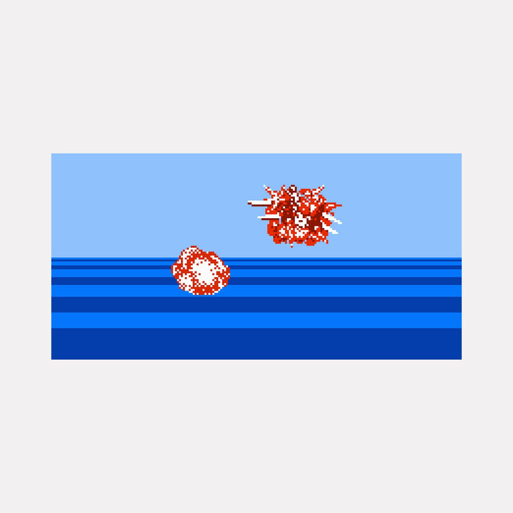 The artwork "MAN DOWN" by Harold Herb depicts a pixelated digital seascape in various shades of blue with two red and white explosion-like shapes suspended above the water. The minimalist, retro video game aesthetic evokes the pixel art style and abstract graphic experimentation seen in Nam June Paik’s pioneering digital works.