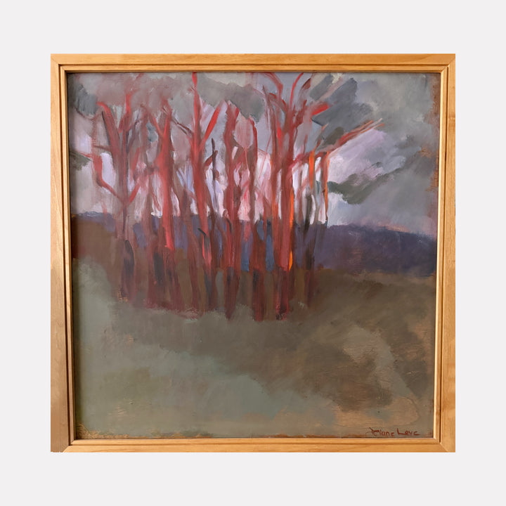 MARCH SUNSET by Diane Love depicts a moody landscape with slender red-hued tree trunks set against a dusky sky. The oil painting blends muted gray and green tones creating a reflective atmosphere, where the glowing light filters through a cluster of bare trees, evoking a quiet and evocative woodland scene at twilight.