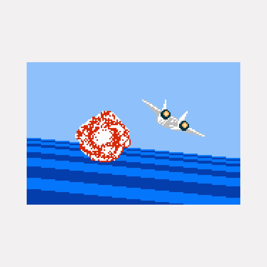 The artwork "MAYDAY" by Harold Herb depicts a pixelated aerial scene featuring a white jet with black and yellow details soaring above layered blue waves, accompanied by a red and white explosion motif. This digital piece employs retro video game aesthetics and echoes the minimalist pixel art styles of early computer graphics pioneers.