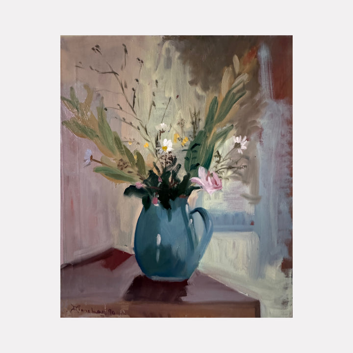 MEADOW ROSE by Diane Love presents a delicate arrangement of wildflowers and foliage in a deep blue pitcher set against a softly rendered interior backdrop. The composition melds muted earth tones with gentle brushwork to evoke a tranquil, intimate moment suffused with subtle light and quiet natural beauty.