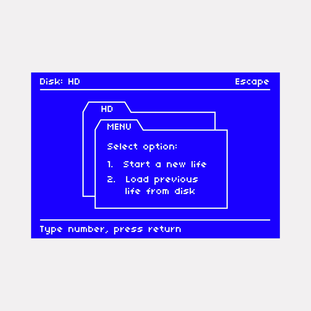 The artwork "MENU" by Harold Herb features a minimalist digital interface design rendered in vivid blue with white pixelated text and geometric window shapes. Its retro computer aesthetic recalls early graphical user interfaces, blending pixel art nostalgia with conceptual minimalism reminiscent of the pixelated precision found in early digital art pioneers.