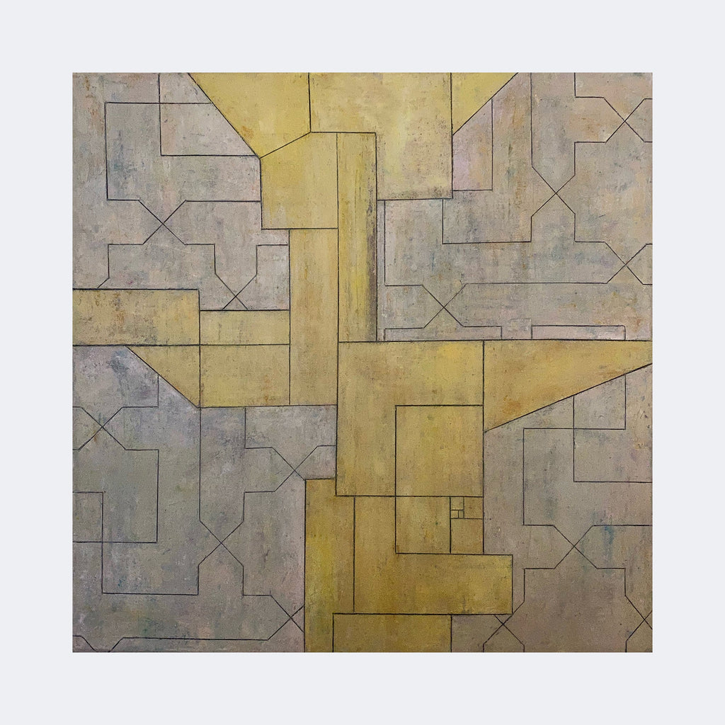 The artwork "MERCY" by Stephen Cimini features an abstract geometric composition with interconnected shapes and lines in muted yellow and beige tones. The textured surface and precise linear forms evoke a style reminiscent of Paul Klee and Piet Mondrian, blending modernist abstraction with a subtle, architectonic aesthetic.