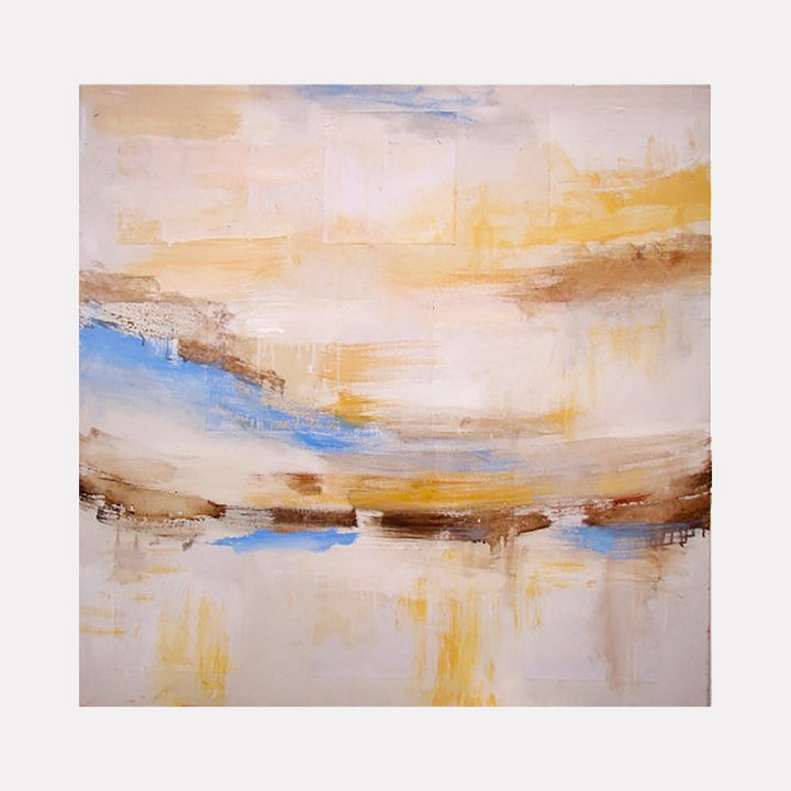 The artwork "MIRAGE" features an abstract composition with soft, blended brushstrokes in warm beige, golden yellow, and light blue tones. Textured layers create depth with smooth and rough patches, evoking a serene, dreamlike landscape. The colors flow horizontally, suggesting movement and calmness. By Amadea Bailey.