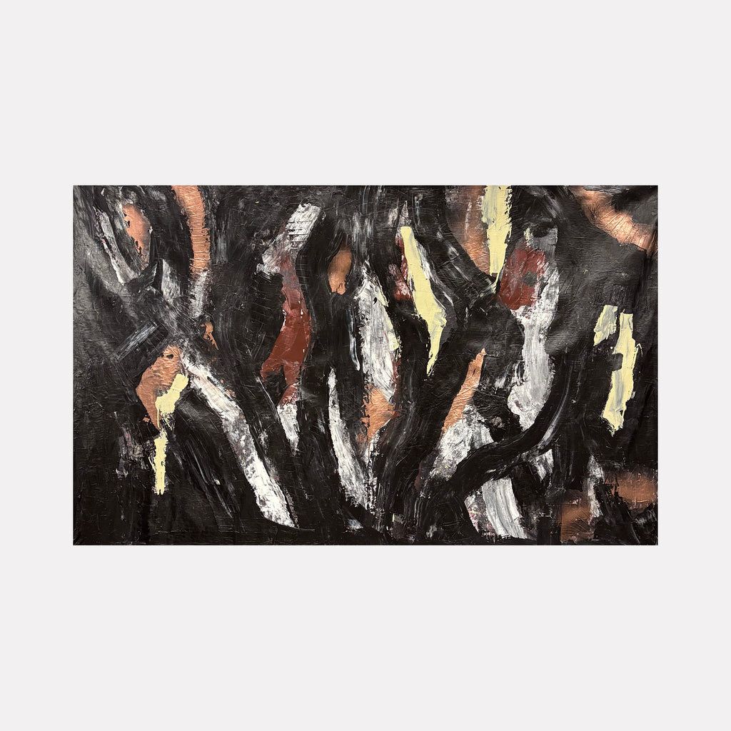 Moody Fall 10 by Albion Vu features an abstract composition with bold, sweeping strokes in dark tones accented by warm rust, cream, and muted yellow hues, creating a layered, textured art piece that evokes the depth and mystery of autumnal moods.