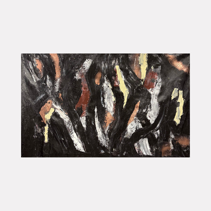 Moody Fall 10 by Albion Vu features an abstract composition with bold, sweeping strokes in dark tones accented by warm rust, cream, and muted yellow hues, creating a layered, textured art piece that evokes the depth and mystery of autumnal moods.