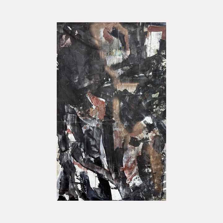 Moody Fall 11 by Albion Vu is an abstract art piece featuring layered dark tones with textured brushstrokes in blacks, browns, and muted reds, creating a moody, complex composition that invites introspection in this Curina art collection.