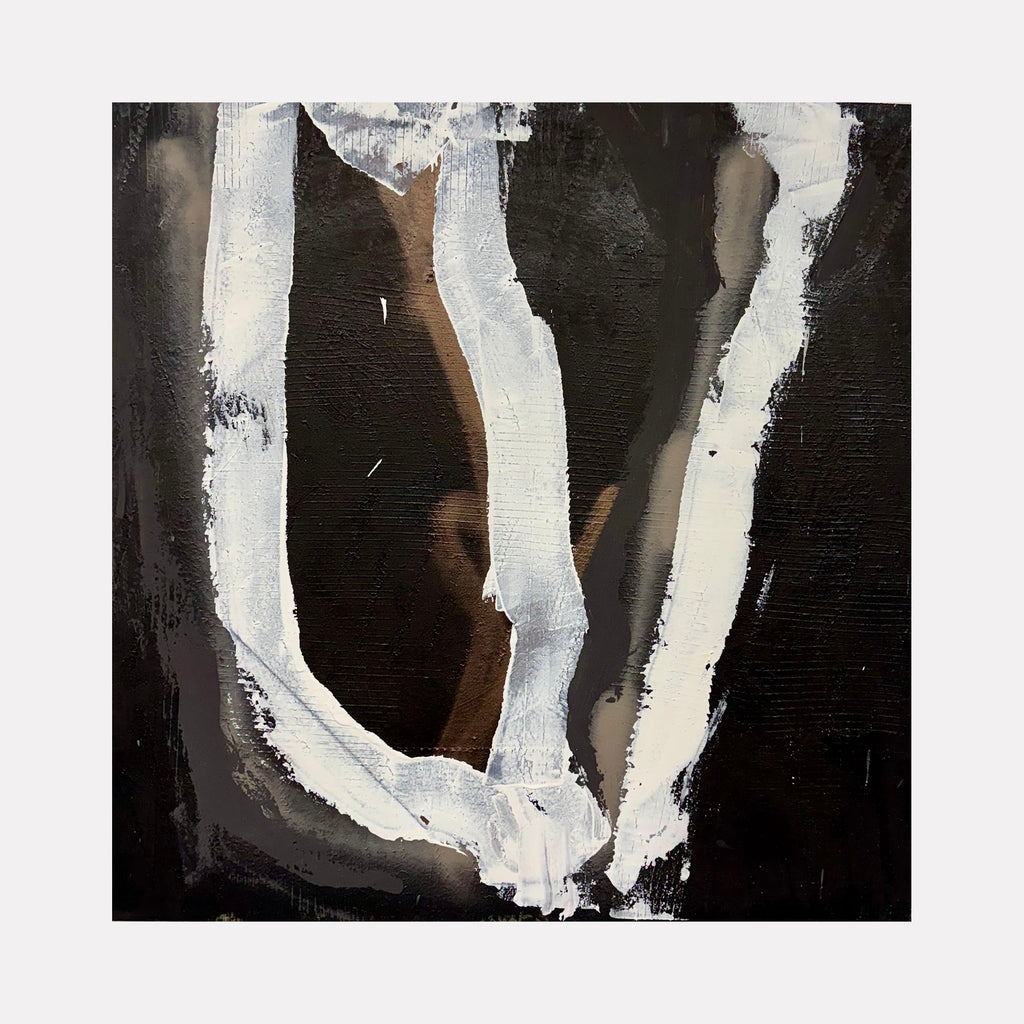 Moody Fall 12 1 by Albion Vu showcases an abstract art piece featuring bold white strokes layered over deep black and rich brown backgrounds, creating a striking contrast and textured composition that captures a dramatic and contemplative autumnal mood for Curina collectors.