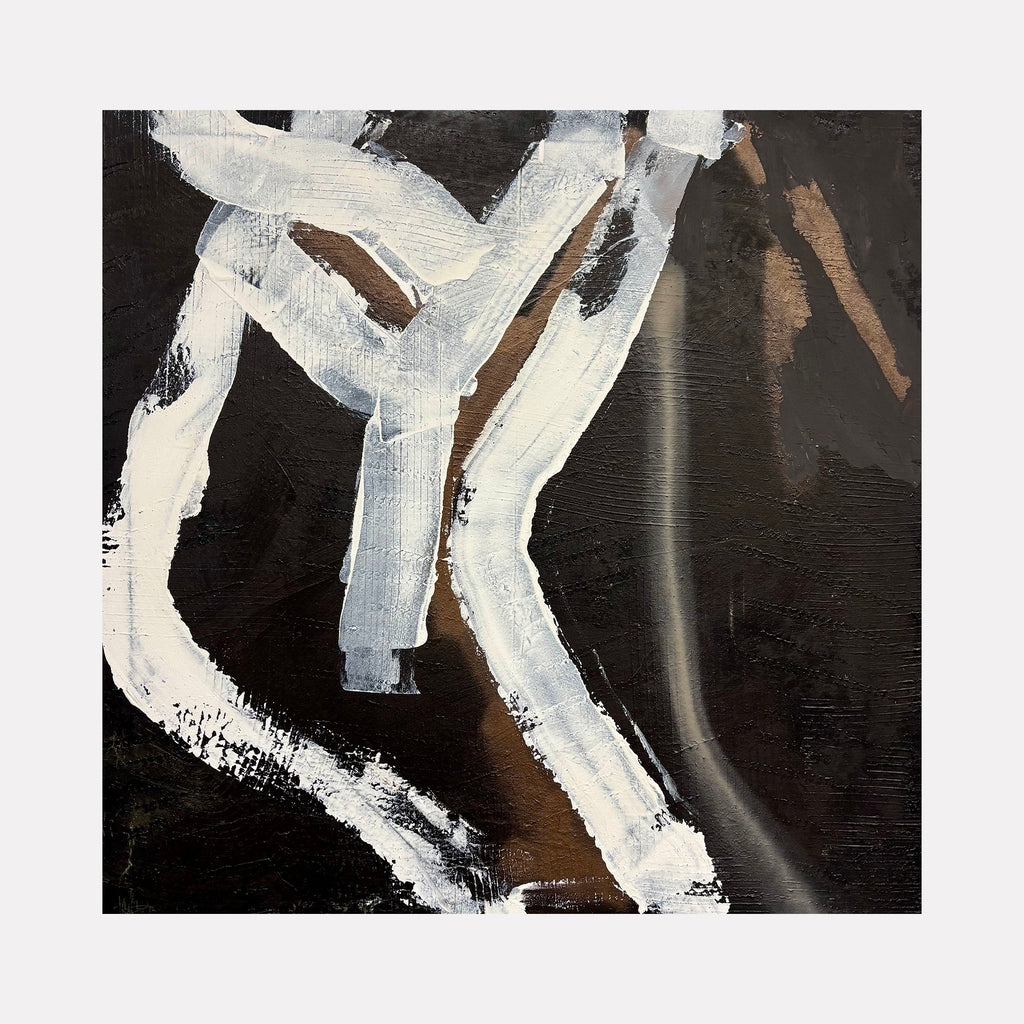 Moody Fall 12 2 by Albion Vu is an abstract art piece featuring bold white brushstrokes layered over a dark, textured background with hints of brown, creating a striking contrast and a dynamic, contemplative composition for the Curina collection.