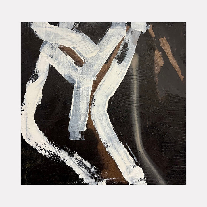 Moody Fall 12 2 by Albion Vu is an abstract art piece featuring bold white brushstrokes layered over a dark, textured background with hints of brown, creating a striking contrast and a dynamic, contemplative composition for the Curina collection.
