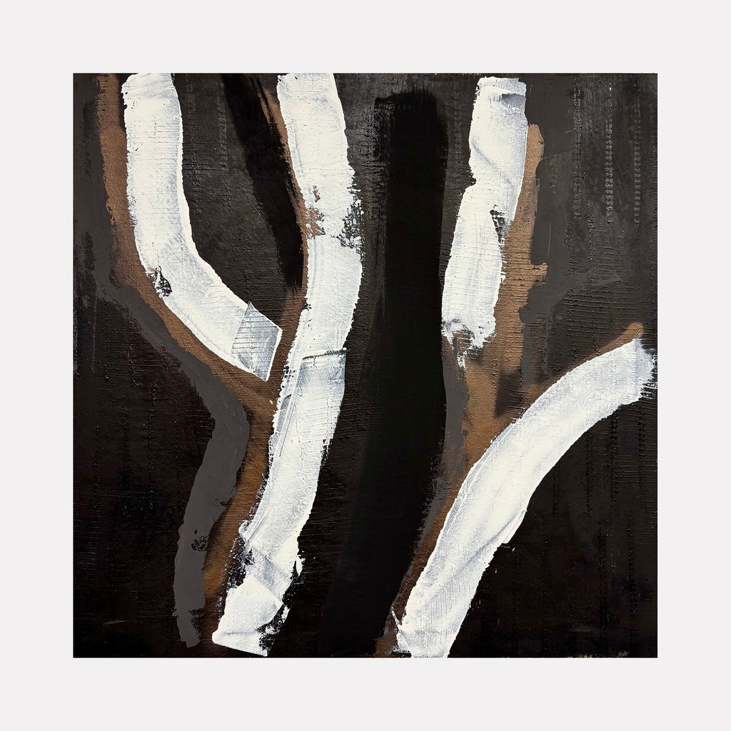 Moody Fall 12 3 by Albion Vu depicts an abstract art piece with bold white strokes set against a textured backdrop of deep black and warm brown hues, evoking a contemplative and introspective mood within a minimalist yet dynamic contemporary composition.
