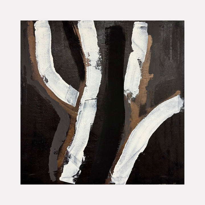 Moody Fall 12 3 by Albion Vu depicts an abstract art piece with bold white strokes set against a textured backdrop of deep black and warm brown hues, evoking a contemplative and introspective mood within a minimalist yet dynamic contemporary composition.