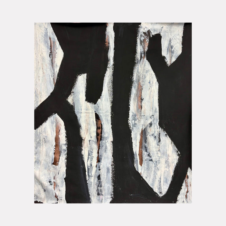 Moody Fall 15 by Albion Vu reveals an abstract art piece featuring contrasting vertical shapes with textured white and muted brown strokes over a deep black background, creating a bold yet contemplative composition that adds a sophisticated touch to any Curina collection.