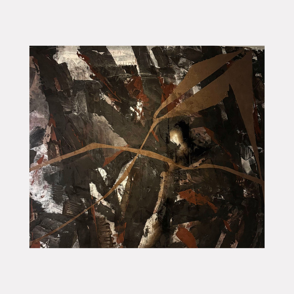 Moody Fall 16 by Albion Vu features an abstract composition with layered dark tones in black and brown, interspersed with bold earthy brushstrokes that create dynamic movement and depth, evoking an intense, contemplative atmosphere within the Curina art collection.