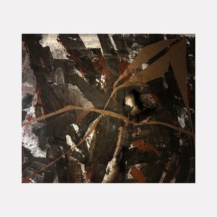 Moody Fall 16 by Albion Vu features an abstract composition with layered dark tones in black and brown, interspersed with bold earthy brushstrokes that create dynamic movement and depth, evoking an intense, contemplative atmosphere within the Curina art collection.