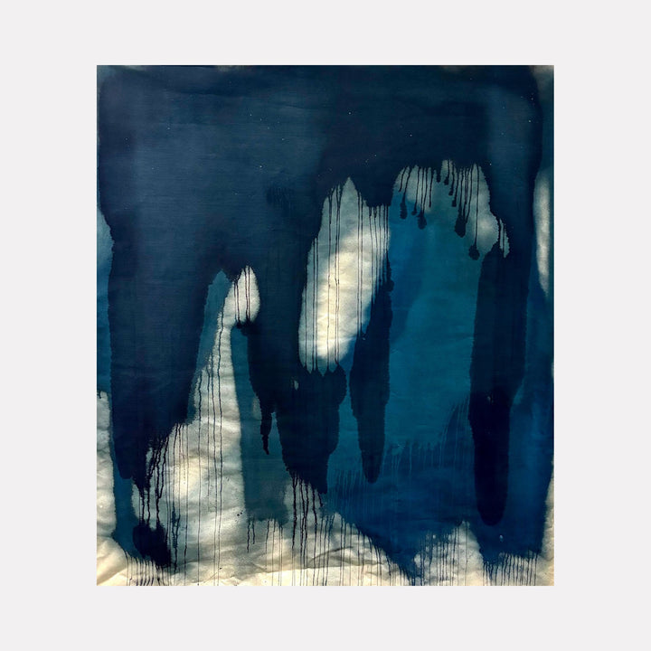 The artwork "MOODY FALL 1" by Albion Vu features deep, cascading blue and indigo drips over a textured background of muted grays and off-whites. The flowing, organic shapes and subtle layering evoke a contemplative and atmospheric mood, reminiscent of abstract expressionism and the moody tonalities found in works by Mark Rothko and Helen Frankenthaler.
