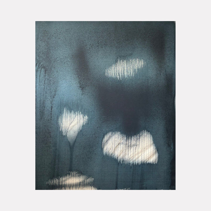 The artwork "MOODY FALL 2" by Albion Vu features a somber abstract landscape with deep blue and cold gray tones. Soft, glowing white forms appear to drip and merge into textured layers, evoking a misty, ethereal atmosphere. The piece recalls the contemplative mood and flowing abstraction found in works by Mark Rothko and Helen Frankenthaler.