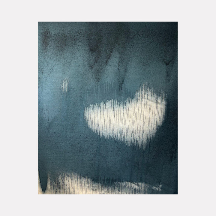 The artwork "MOODY FALL 3" by Albion Vu features a moody abstract landscape with deep blue and cold gray hues. Textured layers and vertical drip marks create a sense of depth and melancholy, evoking atmospheric abstraction reminiscent of Mark Rothko’s color fields and the contemplative mood found in Helen Frankenthaler’s fluid brushwork.