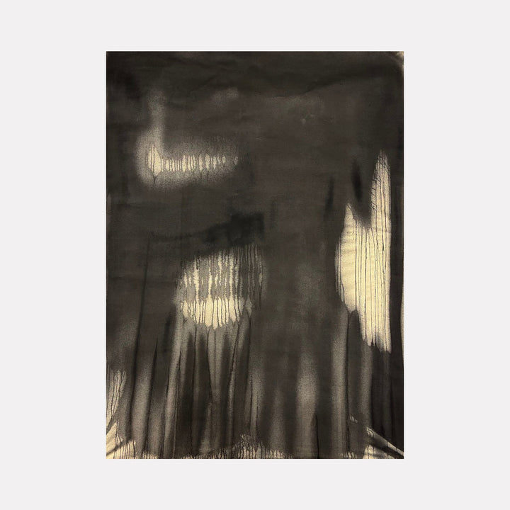 The artwork "MOODY FALL 4" by Albion Vu features an abstract composition with deep gray and muted beige tones. Soft, blurred forms with vertical streaks and textured drips create an atmospheric, mysterious effect. The piece evokes the moody abstraction and subtle depth reminiscent of works by Mark Rothko and Helen Frankenthaler.
