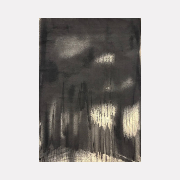 The artwork "MOODY FALL 5" by Albion Vu features an abstract composition in muted grays and soft neutrals with fluid, dripping textures and ethereal light patches. The layered washes evoke a contemplative, atmospheric mood reminiscent of Mark Rothko’s color fields and the subtle depth found in Helen Frankenthaler’s abstractions.