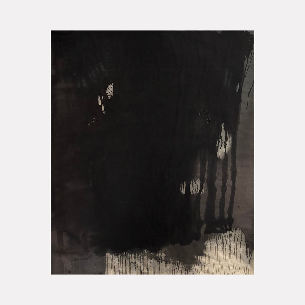 The artwork "MOODY FALL 6" by Albion Vu features a dark, abstract composition dominated by deep blacks and muted grays with subtle drained textures and dripping brushstrokes. The layered, organic forms evoke a moody, contemplative atmosphere, reminiscent of the expressive abstraction found in works by Franz Kline and Robert Motherwell.