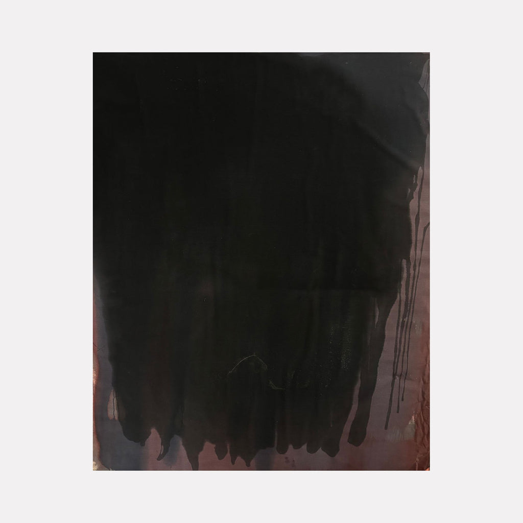 The artwork "MOODY FALL 7" by Albion Vu features a large, dark abstract composition dominated by deep black and muted earth tones with subtle gradations and dripping textures. The layered, moody surface evokes a contemplative atmosphere reminiscent of Mark Rothko’s color fields and the textured abstraction of Helen Frankenthaler.