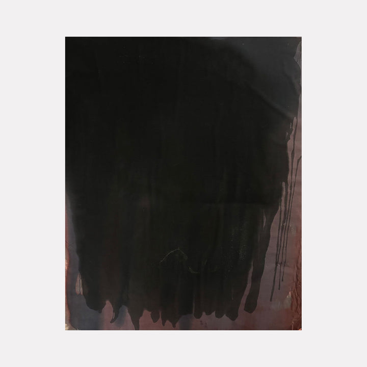 The artwork "MOODY FALL 7" by Albion Vu features a large, dark abstract composition dominated by deep black and muted earth tones with subtle gradations and dripping textures. The layered, moody surface evokes a contemplative atmosphere reminiscent of Mark Rothko’s color fields and the textured abstraction of Helen Frankenthaler.