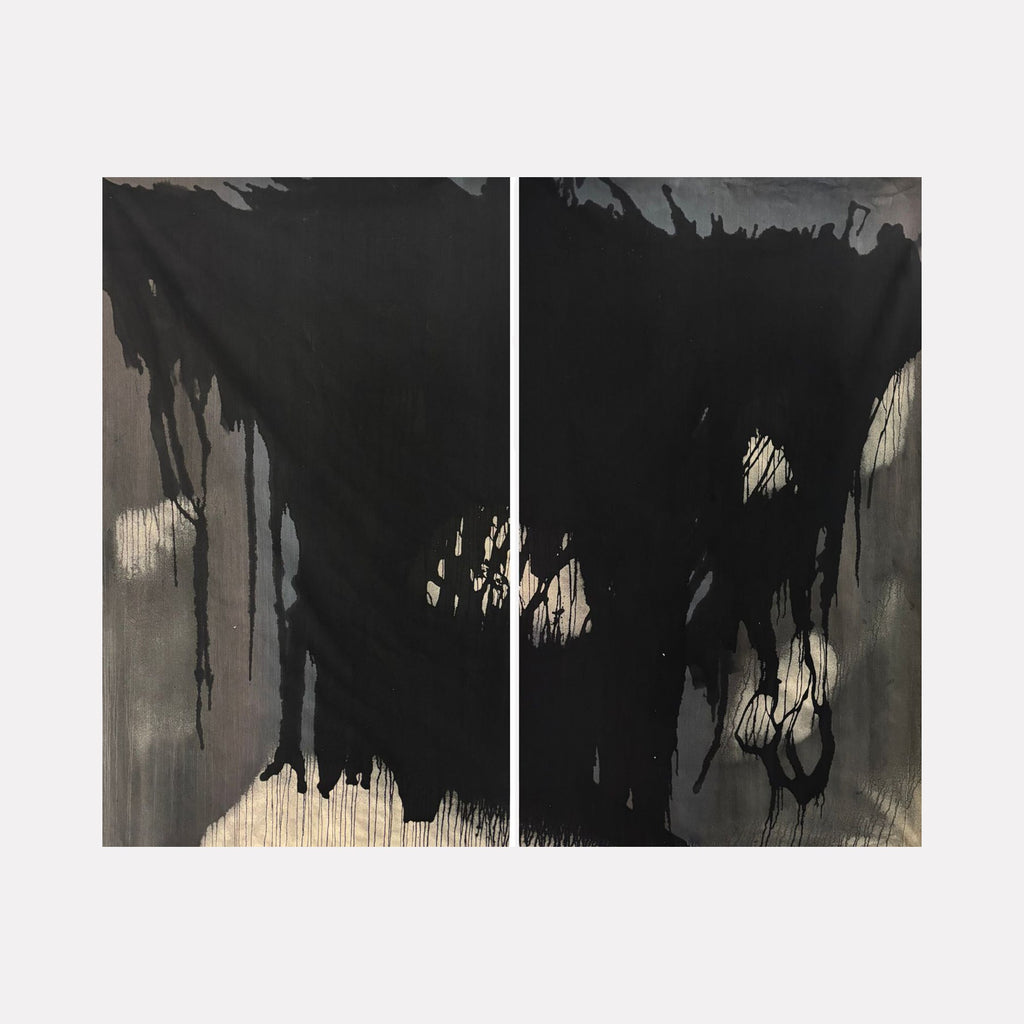 The artwork "MOODY FALL 8 (diptych)" by Albion Vu features a dramatic abstract composition with large, bold black shapes dripping over muted gray and beige backgrounds. The textured layering and organic forms evoke a moody, atmospheric landscape, reminiscent of Franz Kline’s dynamic brushwork and the expressive abstraction of Robert Motherwell.