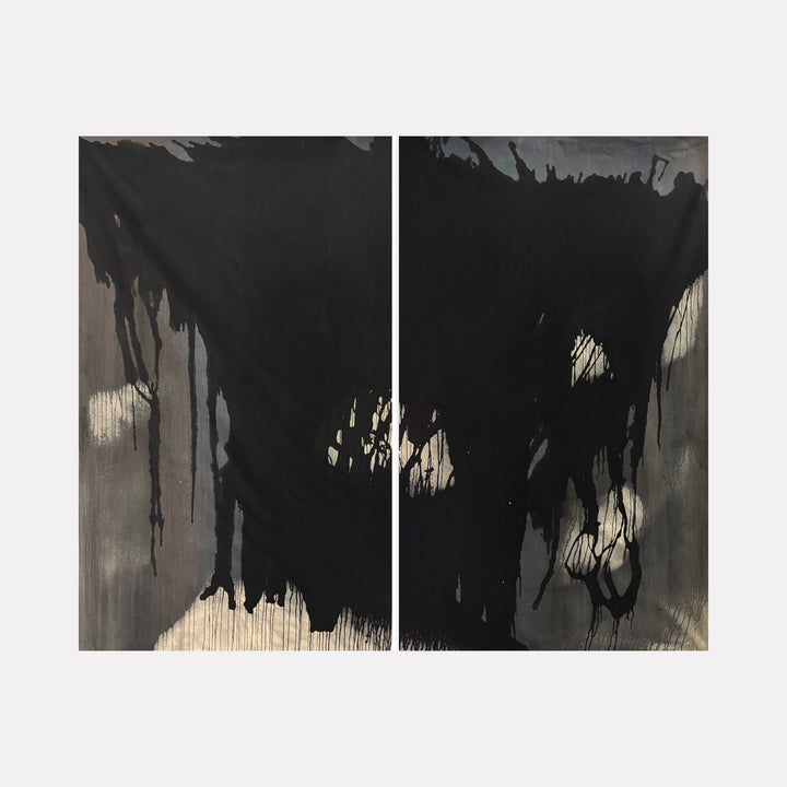 The artwork "MOODY FALL 8 (diptych)" by Albion Vu features a dramatic abstract composition with large, bold black shapes dripping over muted gray and beige backgrounds. The textured layering and organic forms evoke a moody, atmospheric landscape, reminiscent of Franz Kline’s dynamic brushwork and the expressive abstraction of Robert Motherwell.