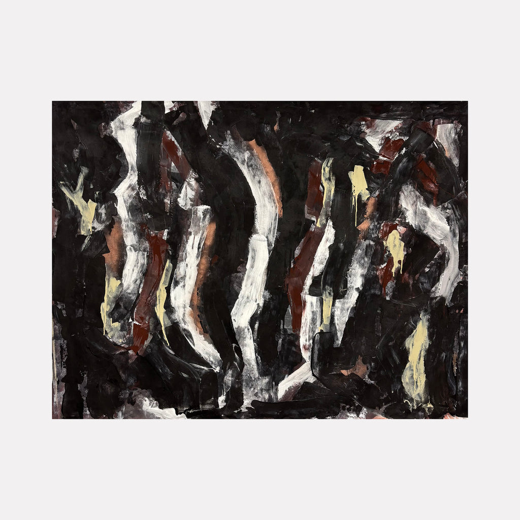 Moody Fall 9 by Albion Vu is an abstract art piece with dynamic brushstrokes in deep blacks, warm browns, and muted yellows, creating a layered composition that evokes a mysterious and introspective autumnal atmosphere for the Curina collection.