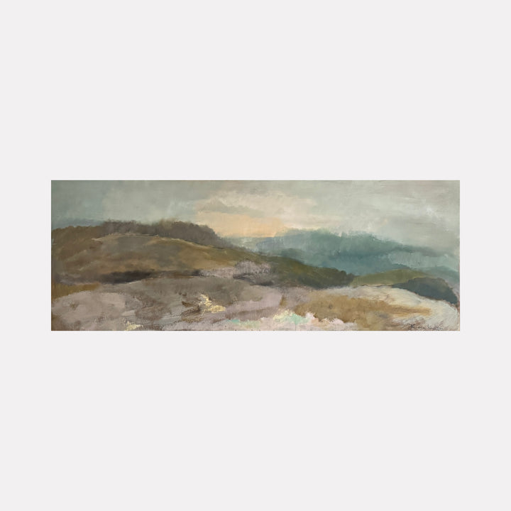 MORNING SCAPE by Diane Love captures a serene landscape with soft, layered hills bathed in muted earth tones and gentle light. Subtle brushstrokes create a misty, tranquil atmosphere that evokes the quiet stillness of early morning in a natural setting.