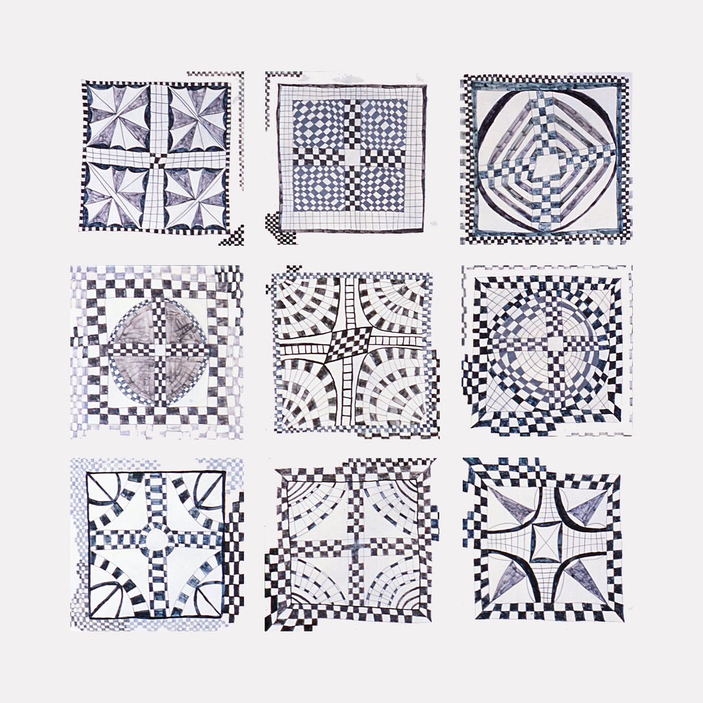 The artwork "MOVES" by Barbara Ellmann features a grid of nine abstract black and white square compositions, each with distinct geometric patterns including checkered, circular, and linear motifs. The textured, graphic style evokes the optical illusions and rhythmic designs reminiscent of Bridget Riley and early modernist abstraction, blending precise line work with dynamic movement.