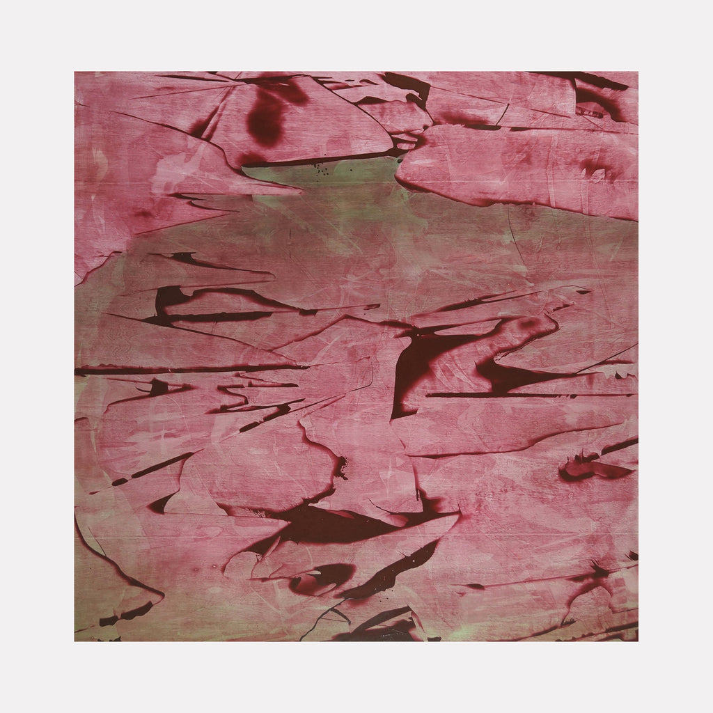 The artwork "Still Waters" features an abstract composition with layered, peeling textures in shades of pink and muted green, creating a weathered, organic feel reminiscent of cracked bark or dried paint. The subtle interplay of color and texture evokes a sense of calm and depth. By Marlene Struss.