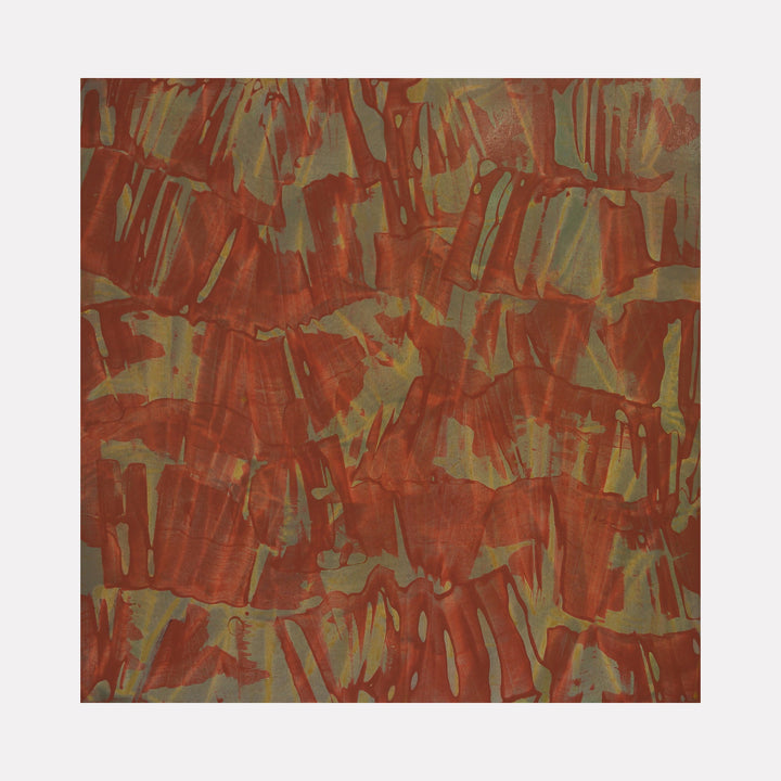 The artwork "Birthstone" features an abstract composition with overlapping, irregular shapes in rich earthy tones of rust and muted green. The textured surface creates a layered effect with broad, sweeping brushstrokes and translucent washes, evoking a natural, organic feel. Created by Marlene Struss.